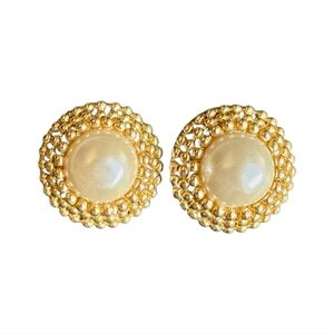 Vintage Gold-Tone Clip-On Earrings Faux Pearl Dome 1.25” Round